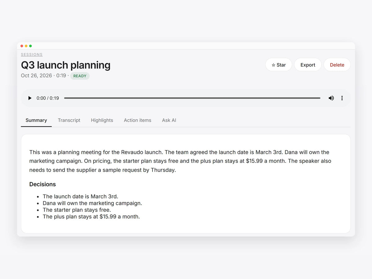 A session in the Revaudo app with its summary and decisions