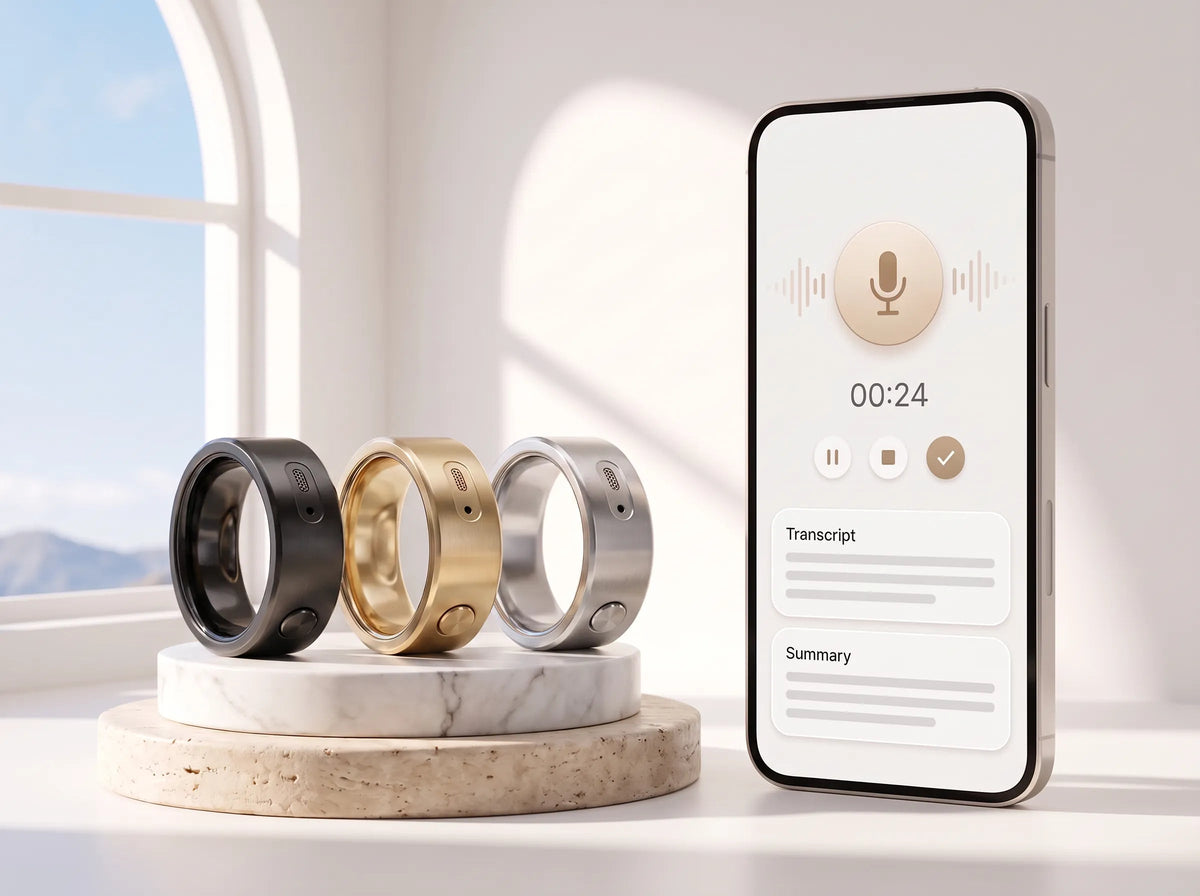 The ring in black, gold and silver beside the Revaudo app