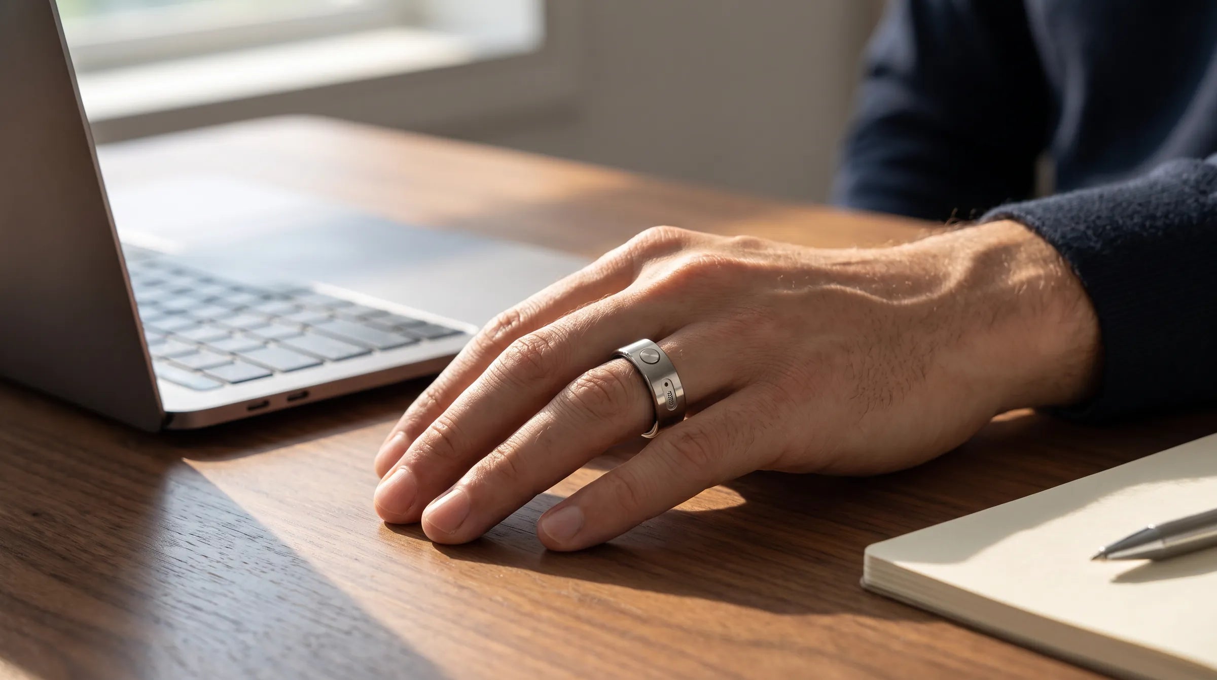 A hand wearing the silver ring beside a laptop