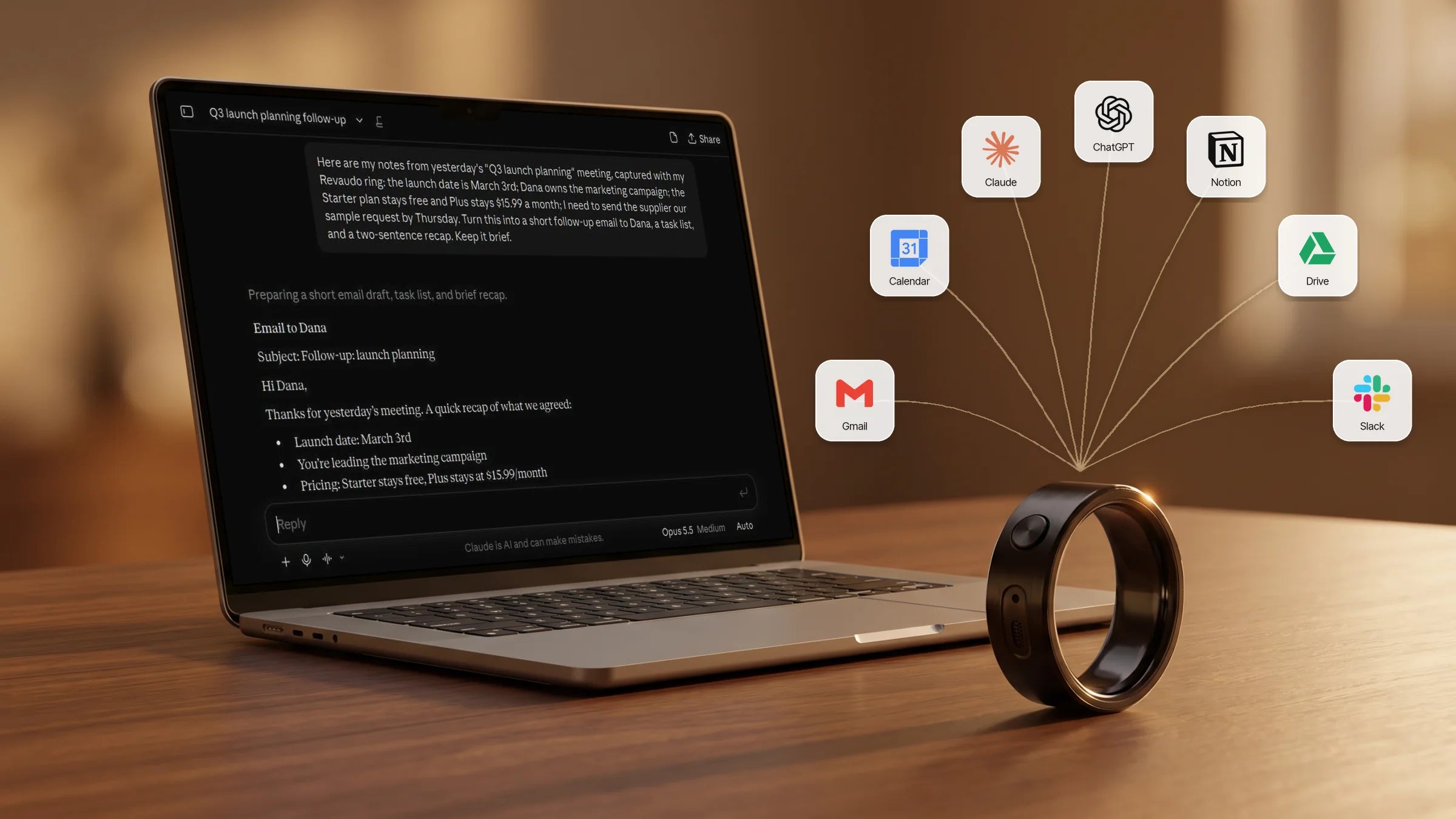 Claude turning Revaudo meeting notes into a follow-up email, tasks and a recap